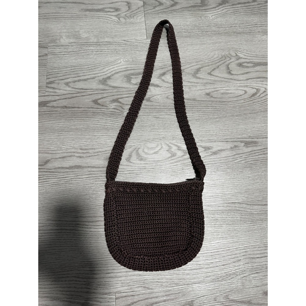 New York & Company Brown Crochet Knit Crossbody Bag Boho Zippered Purse
